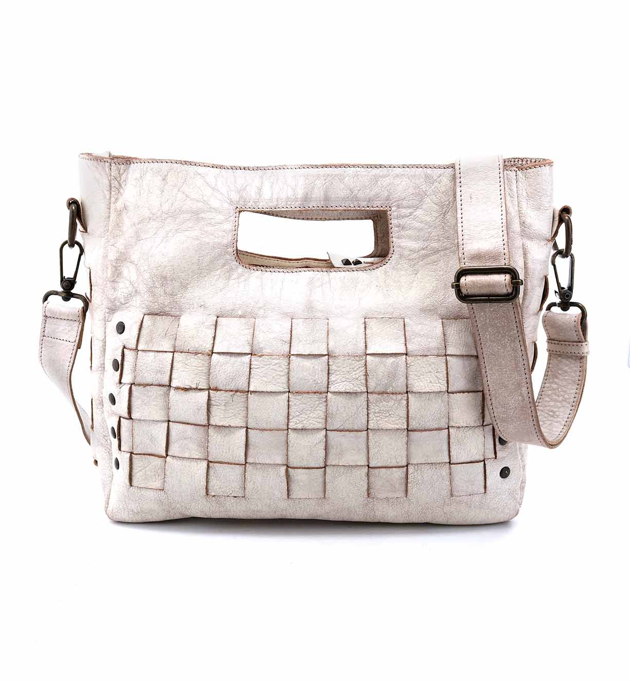 A distressed white Orchid leather bag with a strap and handles by Bed Stu.