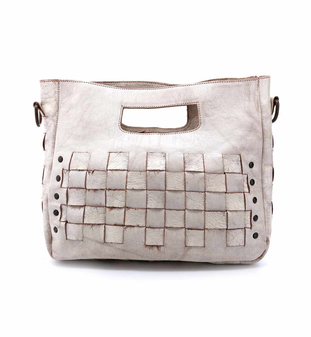 A white leather Orchid bag with woven details by Bed Stu.