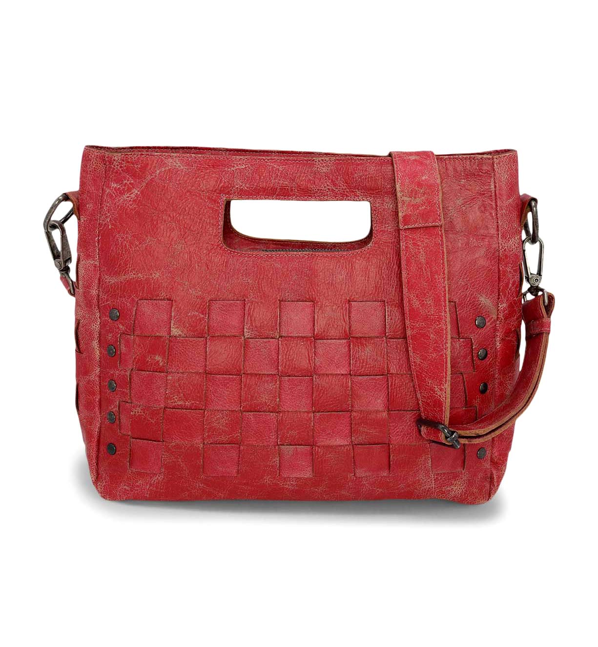 A distressed red Orchid handbag by Bed Stu with a strap.