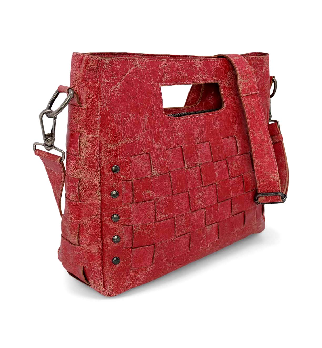 A distressed red Orchid handbag by Bed Stu with a strap.