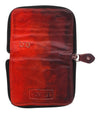 A red leather Ozzie wallet from Bed Stu on a white background.