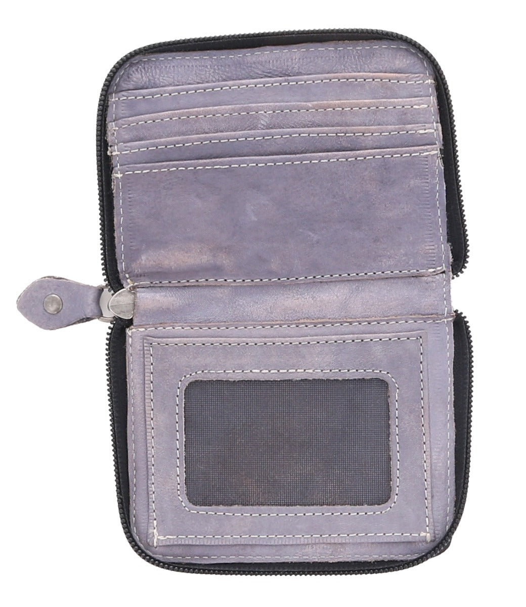 A Bed Stu Ozzie purple leather wallet on a white background.