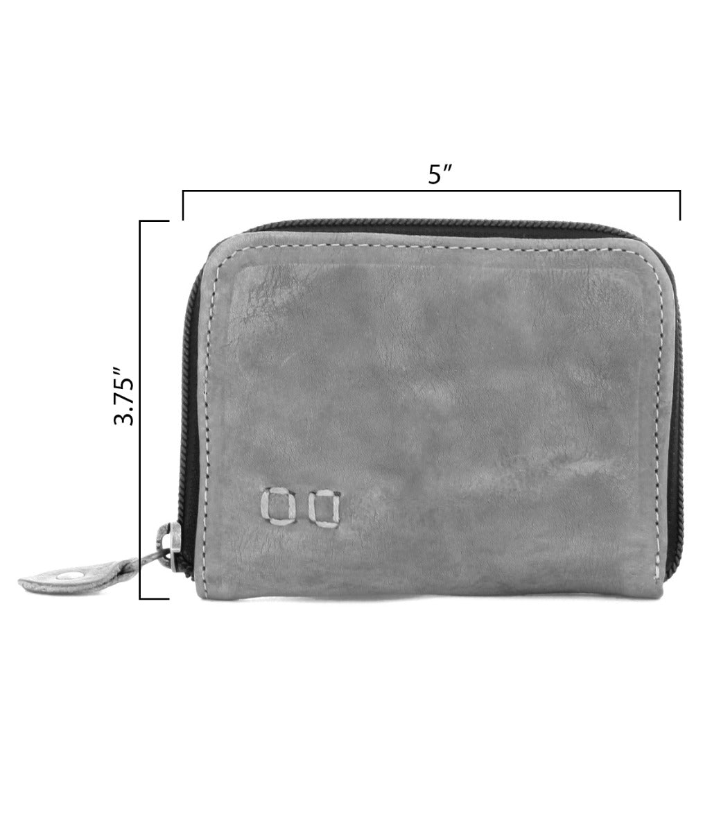 A grey leather Ozzie wallet from Bed Stu with measurements.