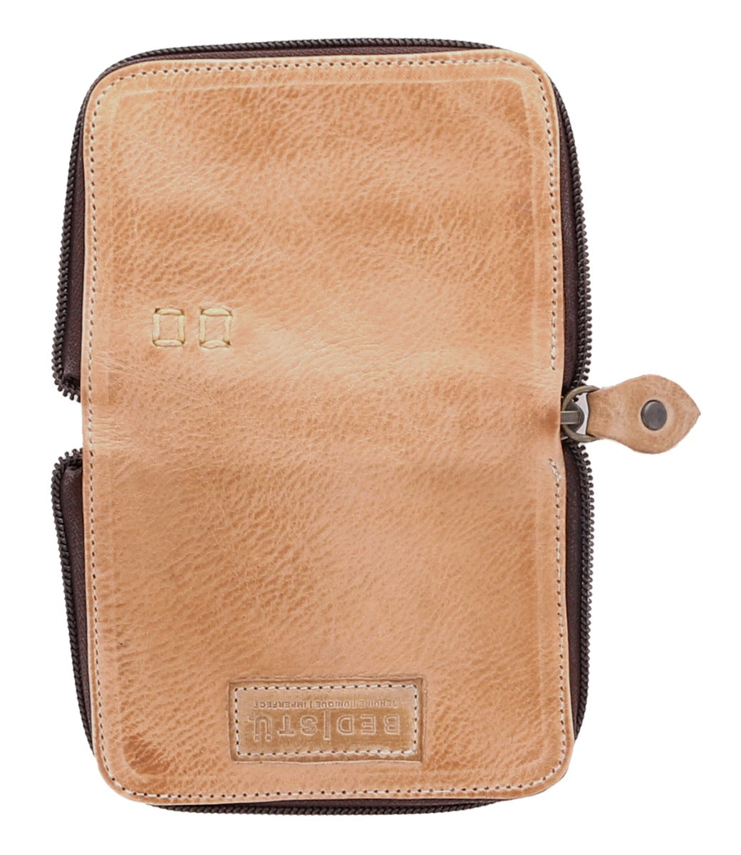 A Bed Stu Ozzie tan leather wallet with two zippers.