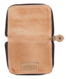 A Bed Stu Ozzie tan leather wallet with two zippers.