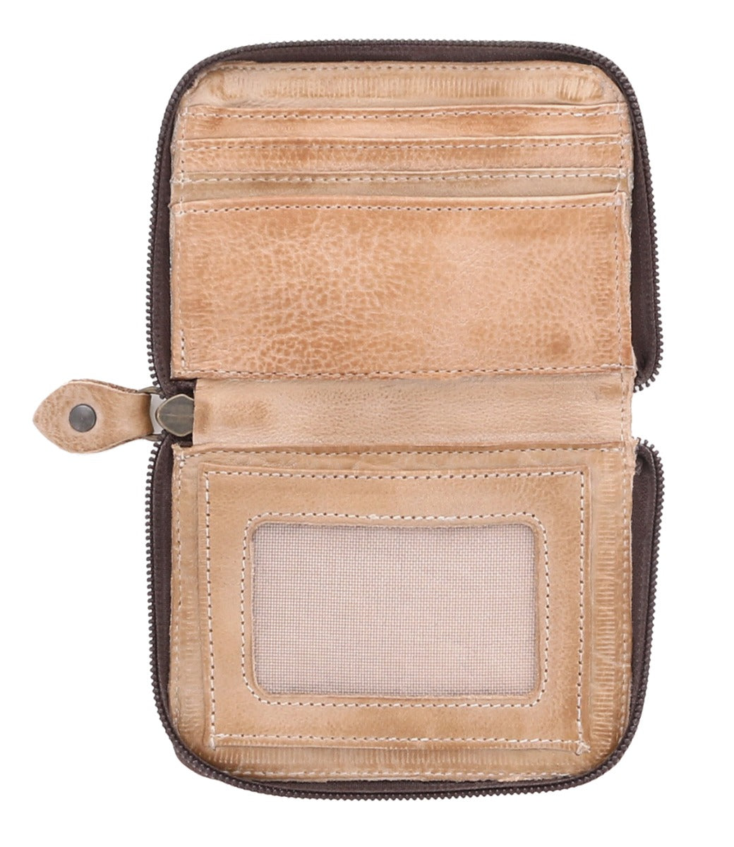 A Bed Stu "Ozzie" tan leather wallet with two compartments.