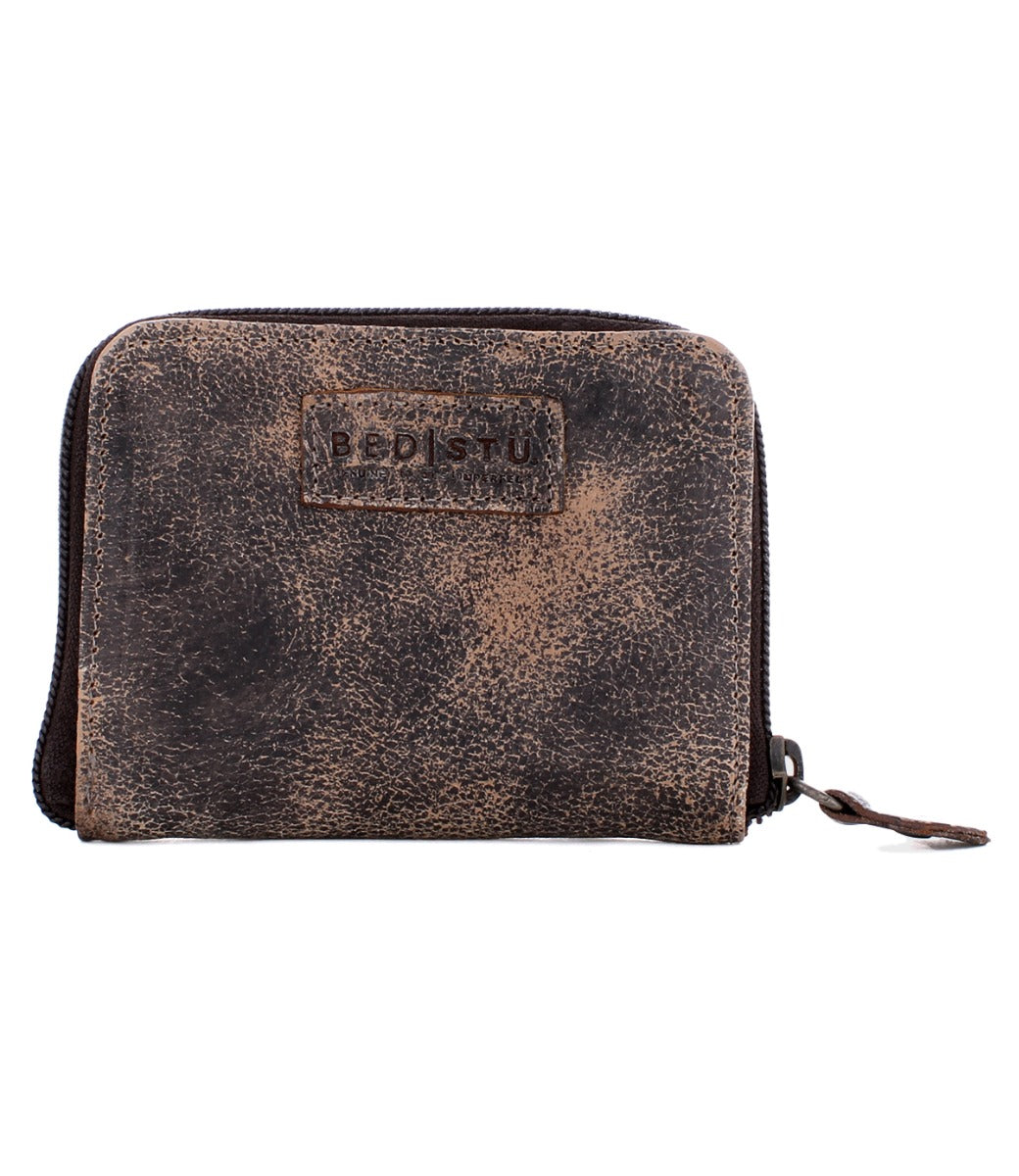 A brown leather Ozzie wallet with a zipper, by Bed Stu.