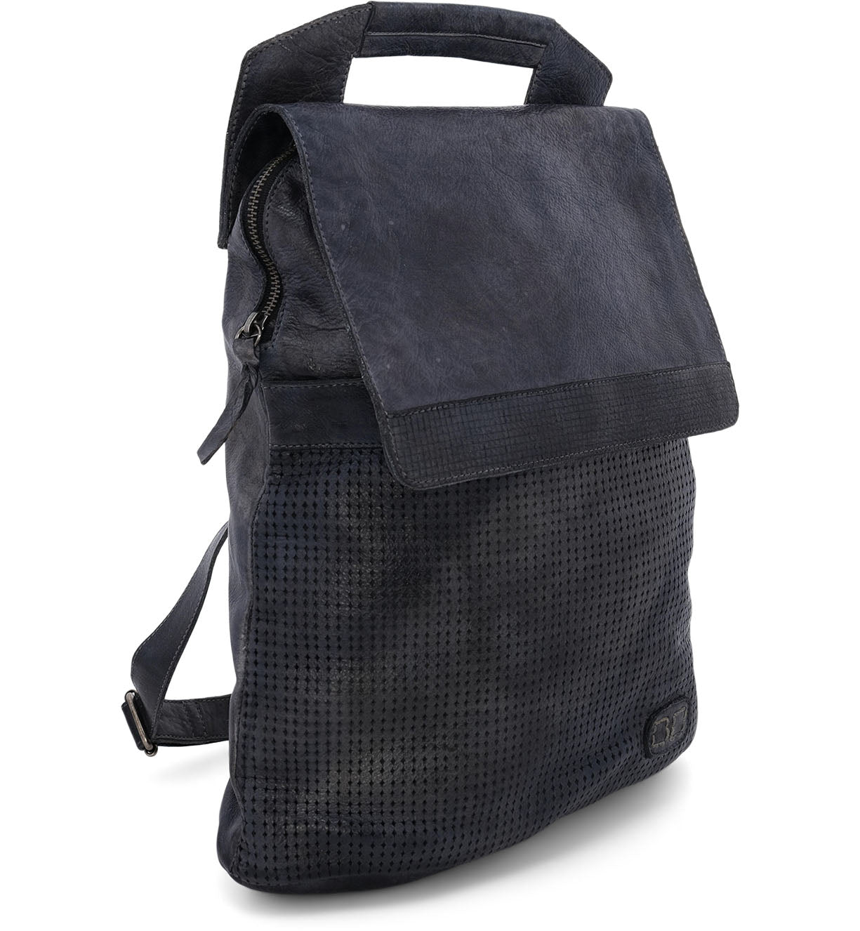 A Patsy blue leather backpack by Bed Stu with a zippered compartment.