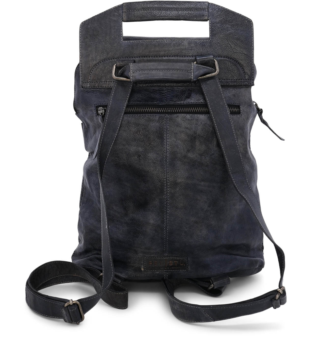 A blue leather Patsy backpack with straps and a shoulder strap from Bed Stu.