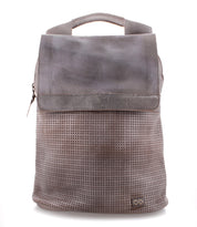 A grey leather Patsy backpack with perforated details. (Brand Name: Bed Stu)
