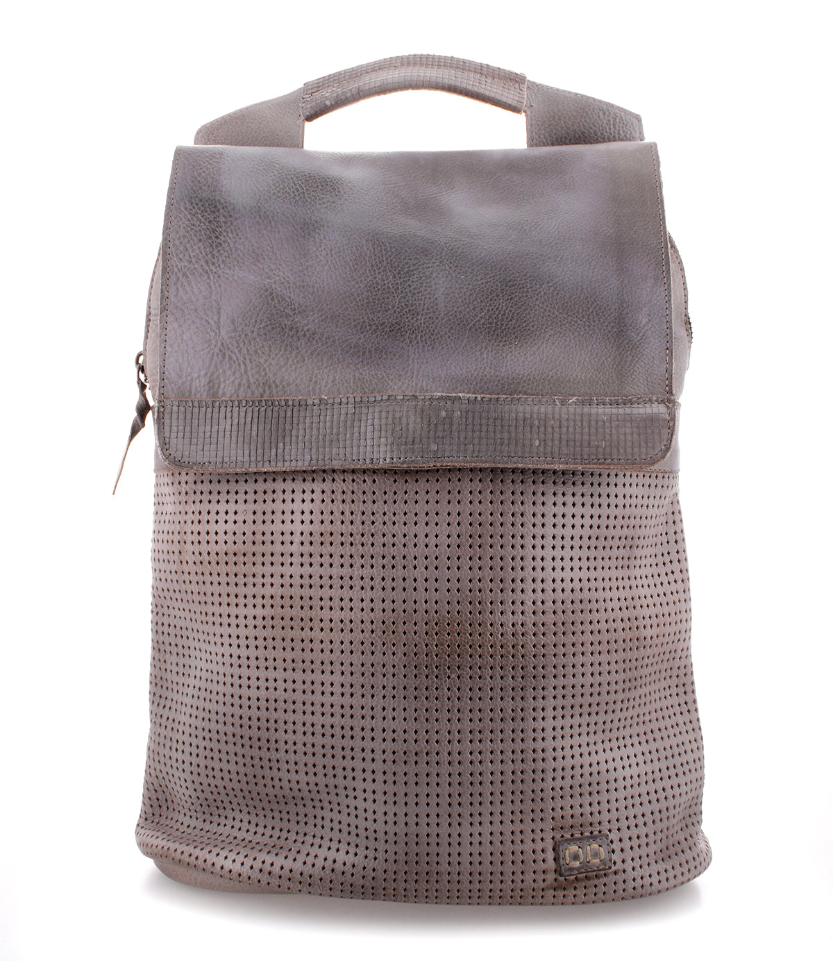 A grey leather Patsy backpack with perforated details. (Brand Name: Bed Stu)