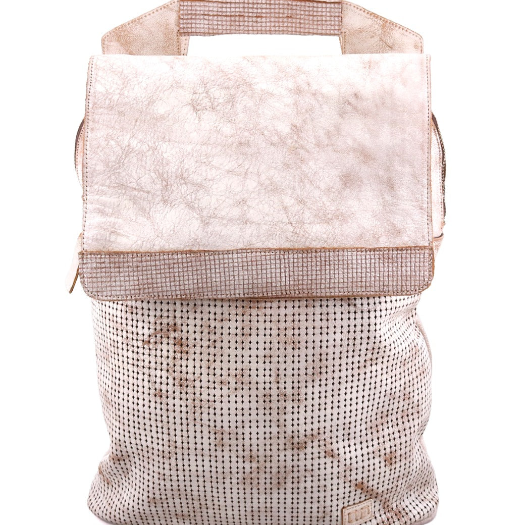 A white and beige Bed Stu Patsy backpack with a handle.