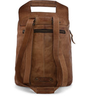 A Patsy backpack by Bed Stu, made of brown leather and featuring a zippered compartment.