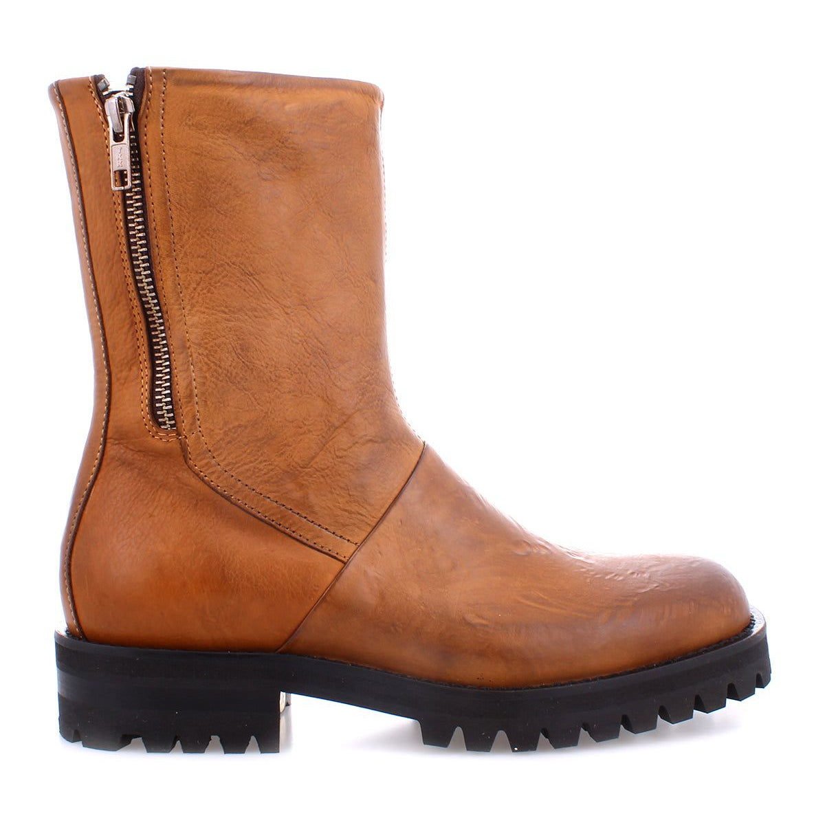 A pair of durable brown leather Ploy boots with a convenient zipper on the side from Bed Stu.