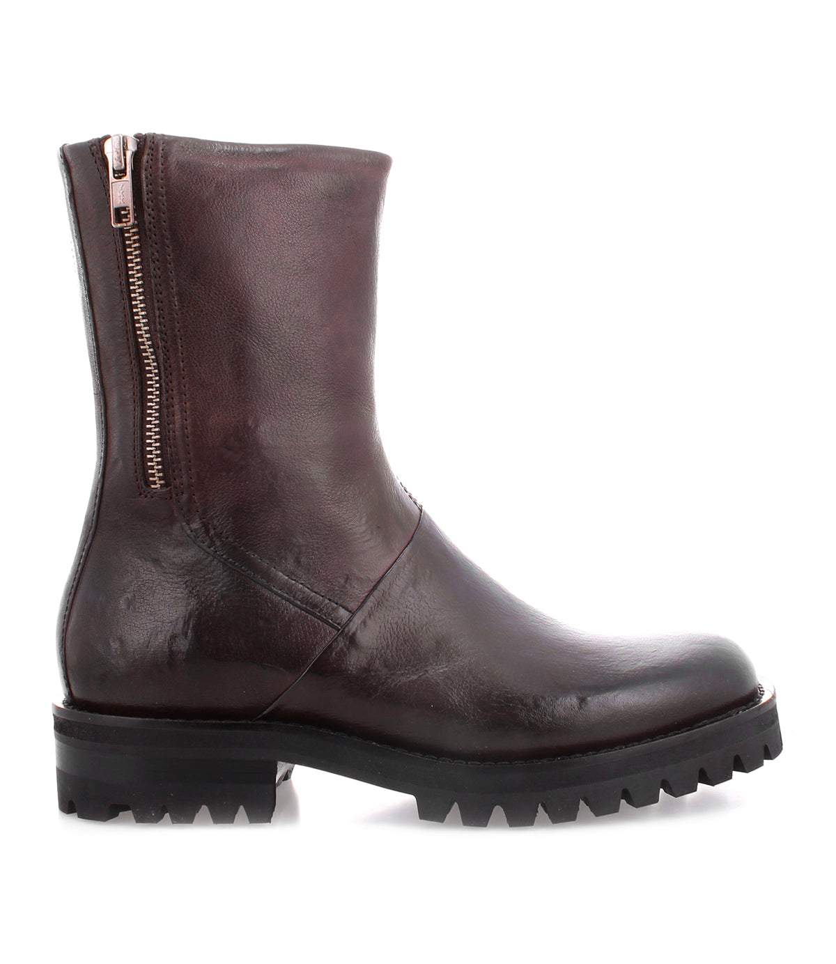 A durable brown Bed Stu Italian leather ankle boot with a convenient side zipper.