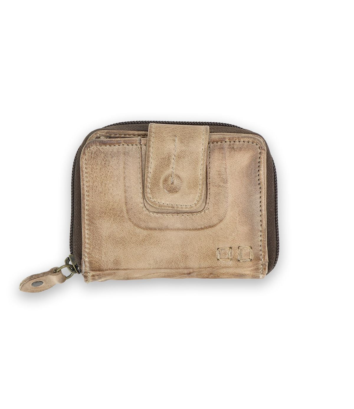 The Bed Stu Plus is a stylish leather wallet in worn beige with a snap closure, zipper compartment, and small buckle detail. It offers multiple card slots for organization and is elegantly displayed against a white background.