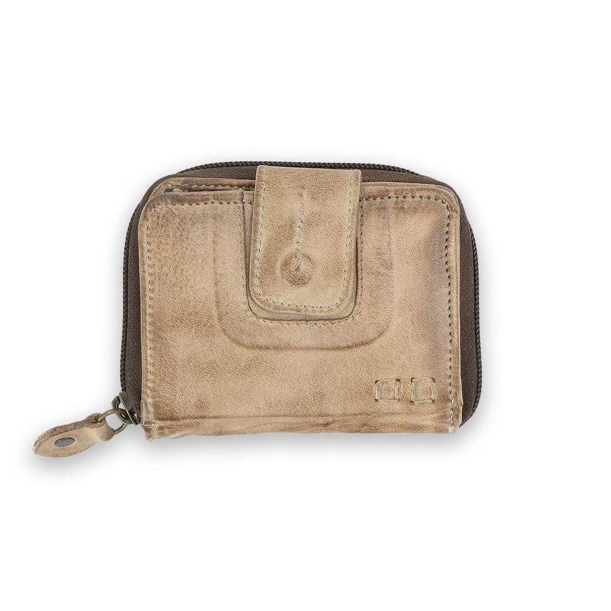 The Bed Stu Plus is a stylish leather wallet in worn beige with a snap closure, zipper compartment, and small buckle detail. It offers multiple card slots for organization and is elegantly displayed against a white background.