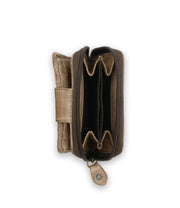 The Plus by Bed Stu is a stylish brown leather wallet featuring a central zipper that reveals two spacious compartments. Its compact design ensures functionality and elegance against a plain white backdrop.