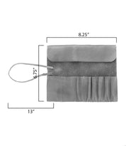 A Prepped Leather Wrap from Bed Stu with dimensions labeled: height 6.75 inches, width 8.25 inches, and length 13 inches. This versatile leather wrap has multiple slots for artist tools and a strap for securing it closed.