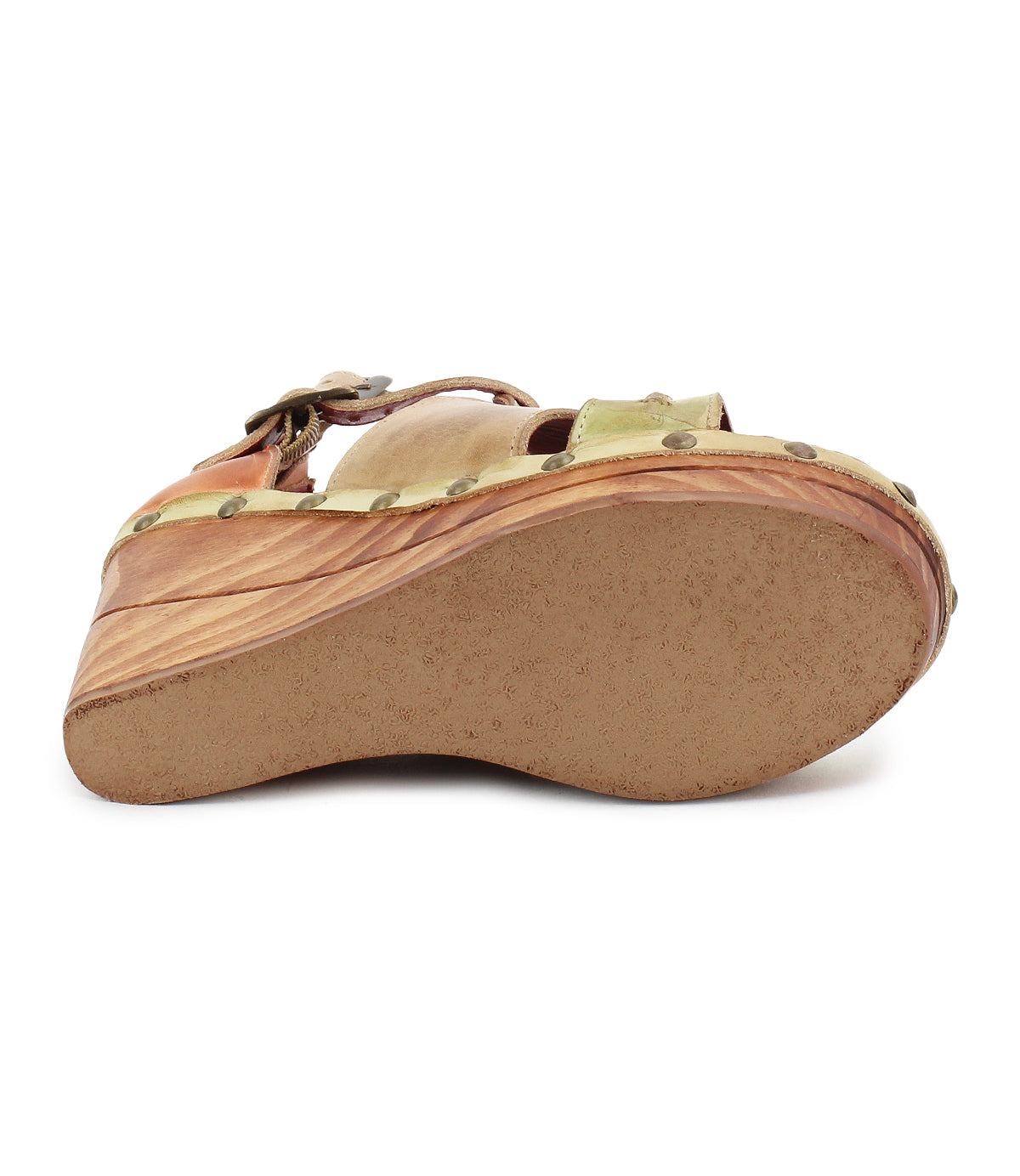 Side view of Bed Stu's Princess wedge sandal, showcasing its woven strappy uppers with a leather finish, rivet accents, and a textured sole for extra grip.