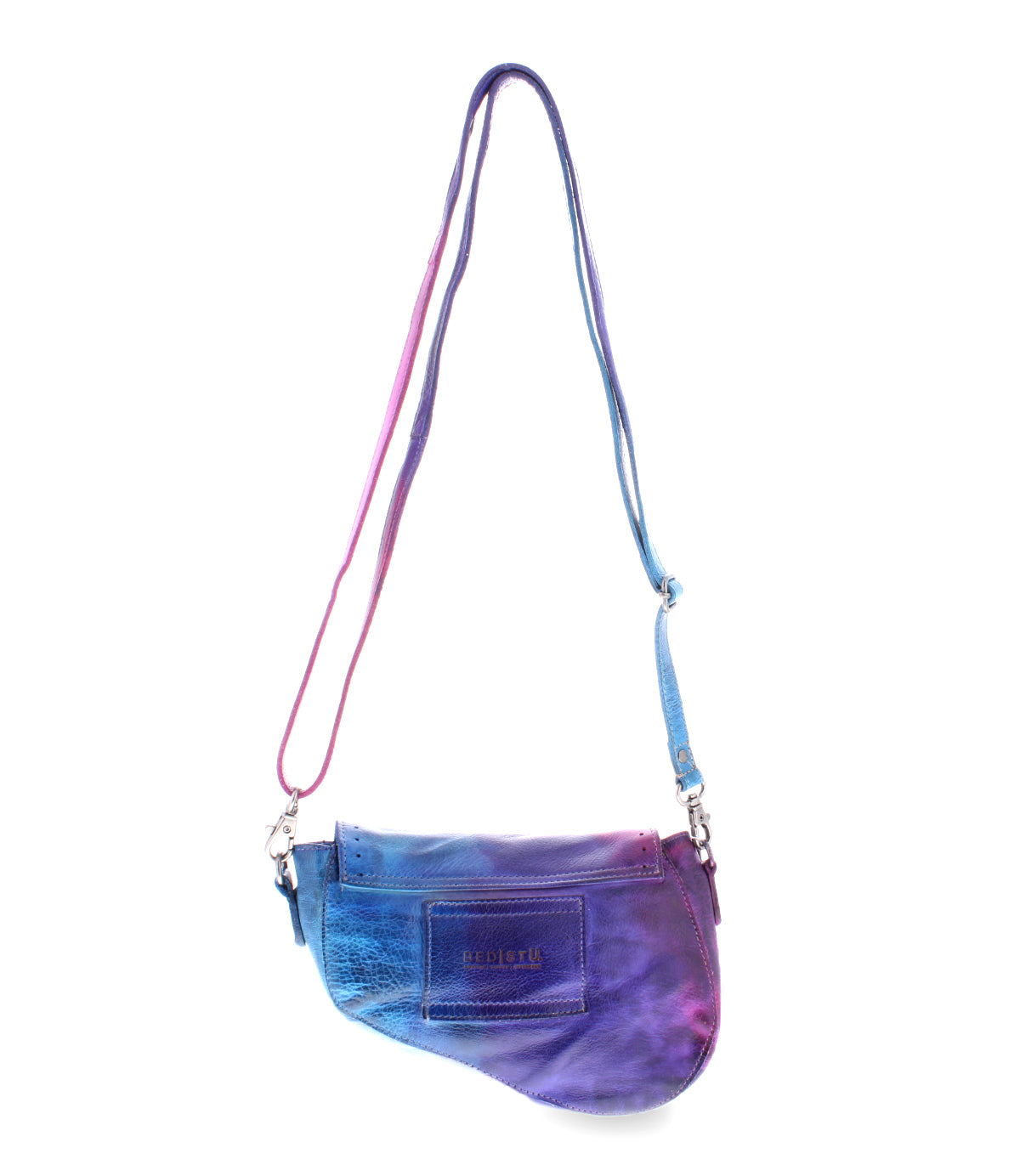 A Priscilla bag by Bed Stu in blue and purple tie dye, with a strap.
