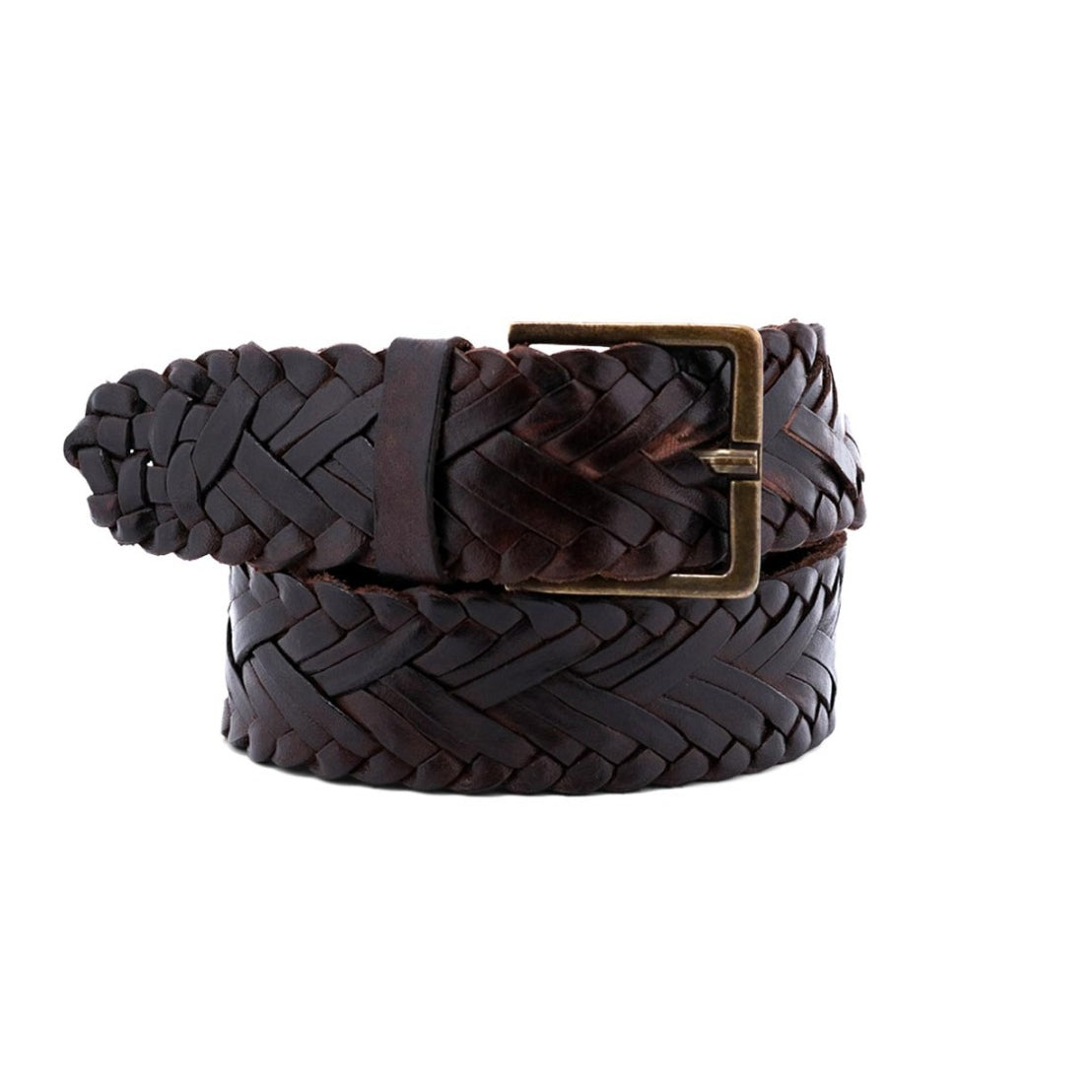 A brown Bed Stu Proem braided belt with a metal buckle.