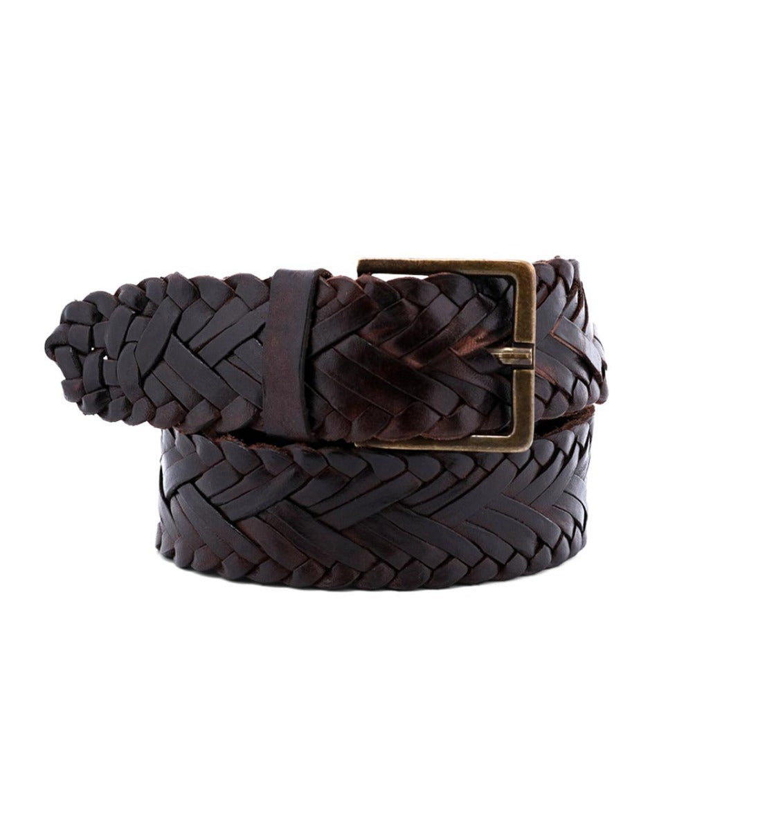 A brown Bed Stu Proem braided belt with a metal buckle.