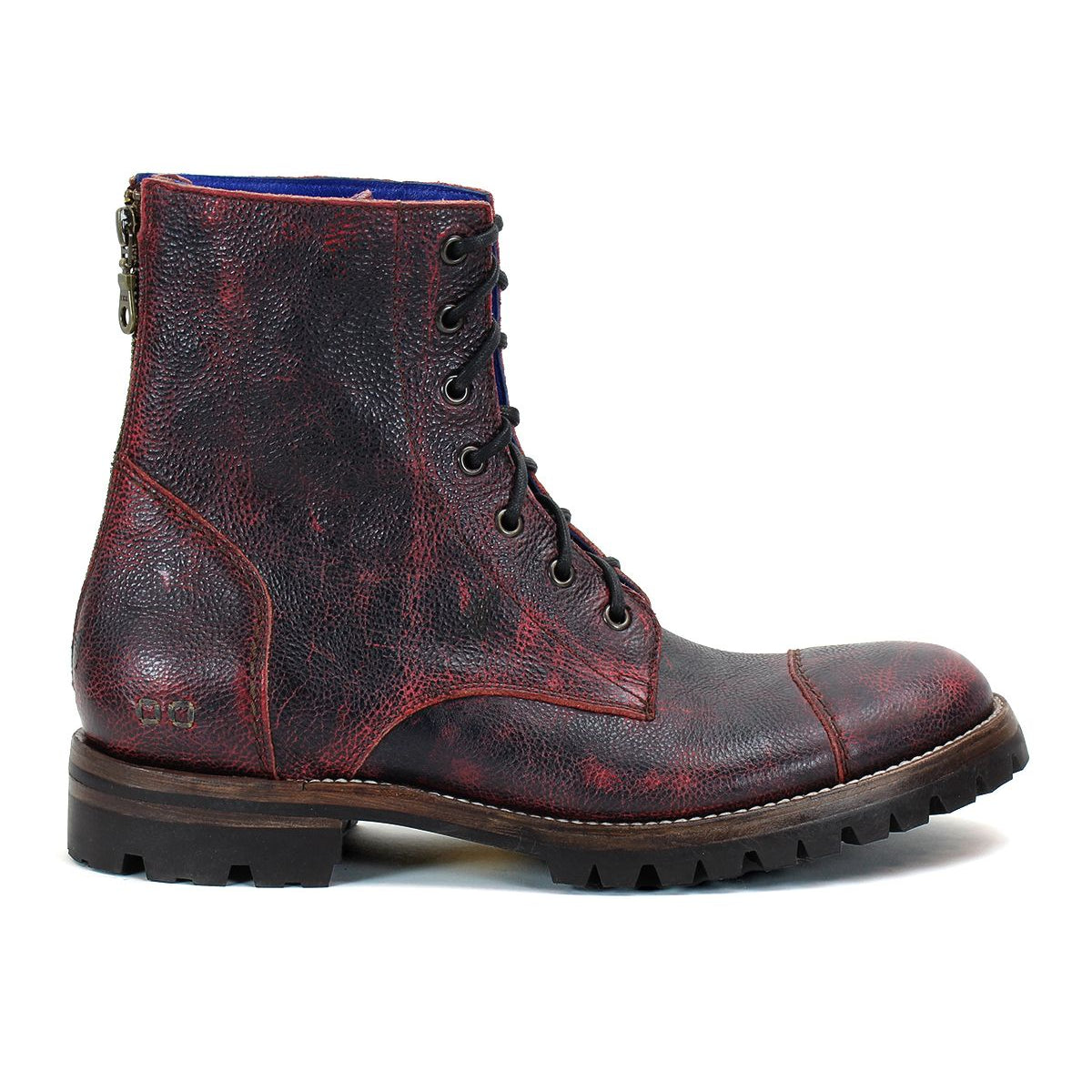 Introducing the Protege Trek combat-style boot by Bed Stu, featuring a dark red and black leather design with a rugged Vibram outsole, lace-up construction, and a convenient back zipper.