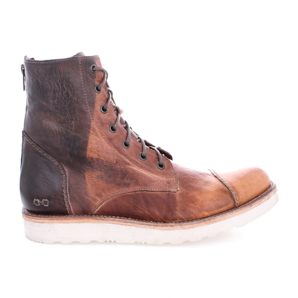 A single brown leather men's Protege Light Boot by Bed Stu with lace-up front and a light-colored sole, isolated on a white background.