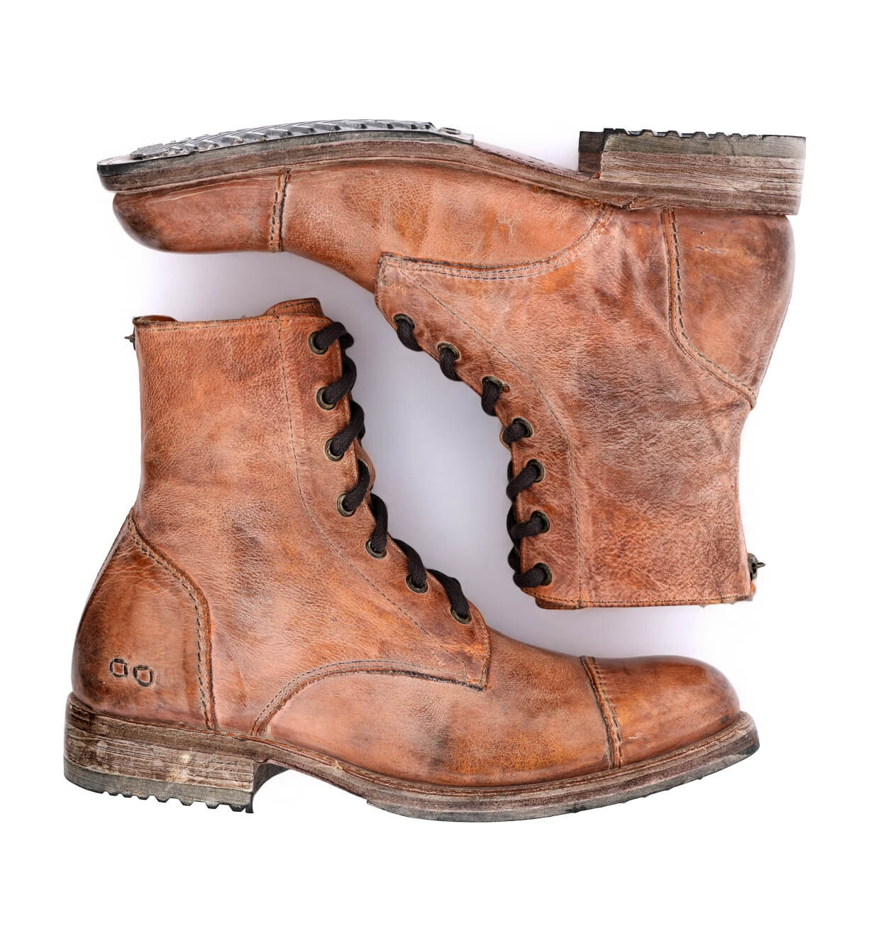 A pair of Bed Stu brown leather boots on a white background.