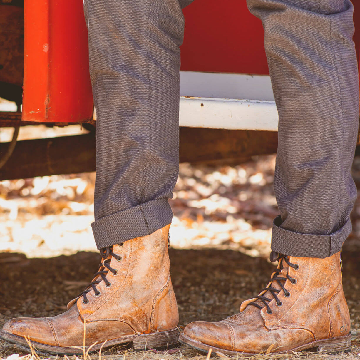 A man wearing a pair of Bed Stu Protege boots.