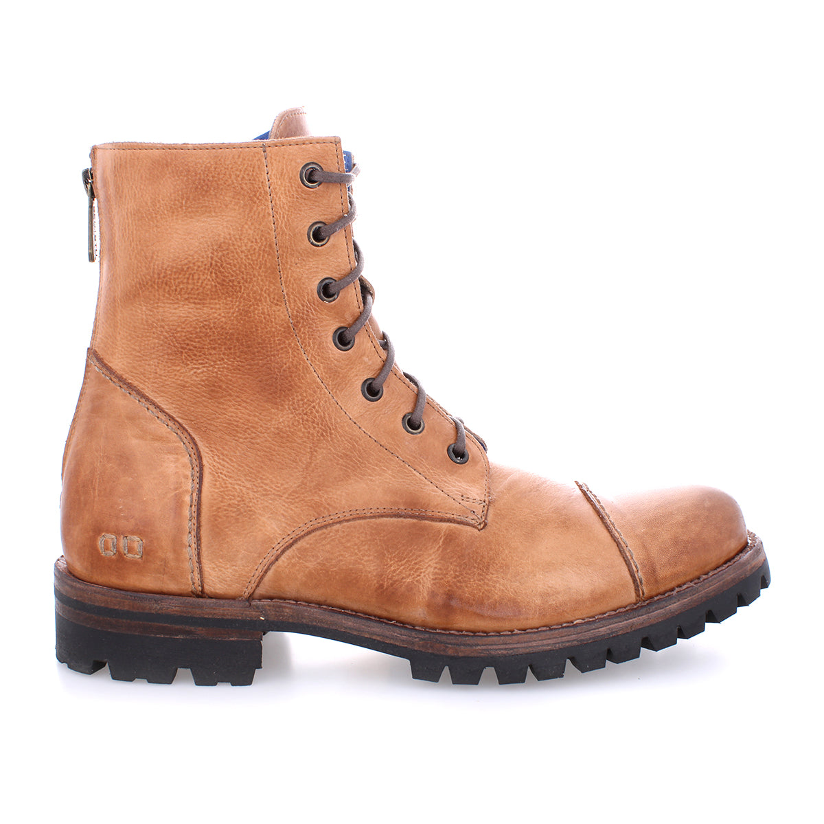 A single brown leather Protege Trek combat style boot with laces on a white background by Bed Stu.