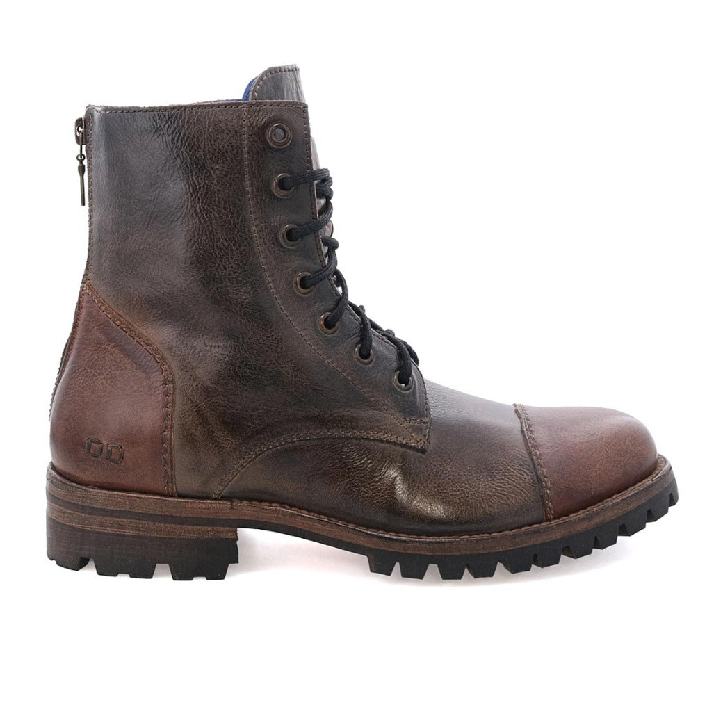 Brown leather lace-up combat style boot with a side zipper and rugged sole, isolated on a white background is the Protege Trek by Bed Stu.