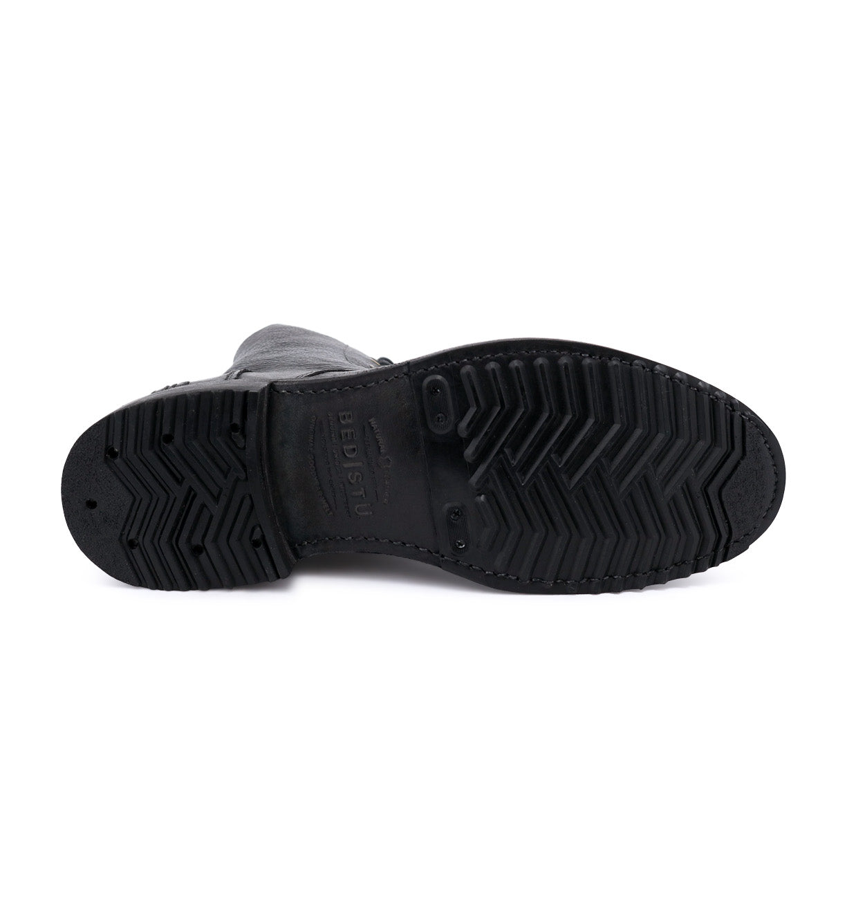 A pair of Bed Stu black shoes with a rubber sole.