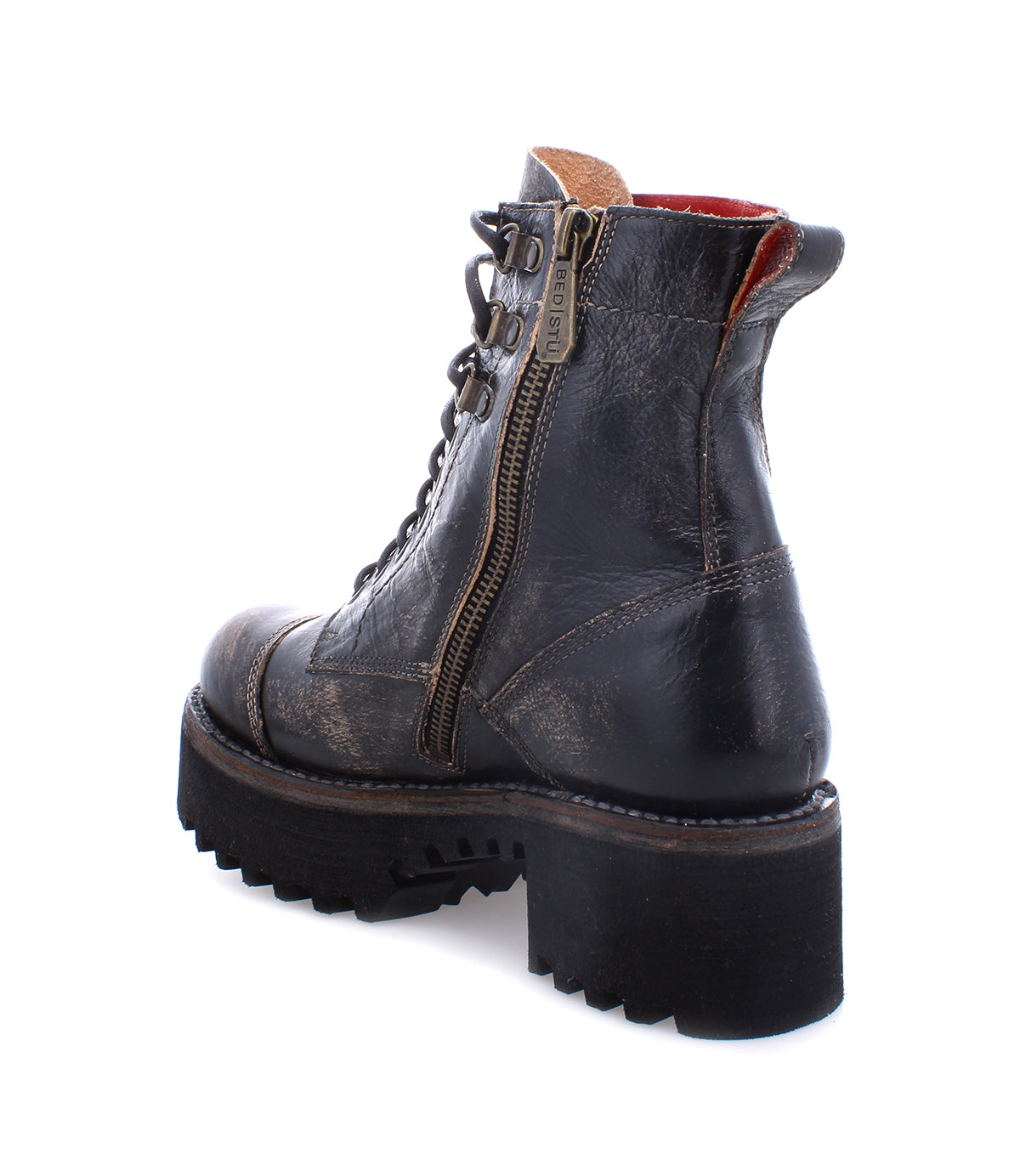 A lace-up, black leather combat boot with a zipper on the side from Bed Stu called Prudence Hi.