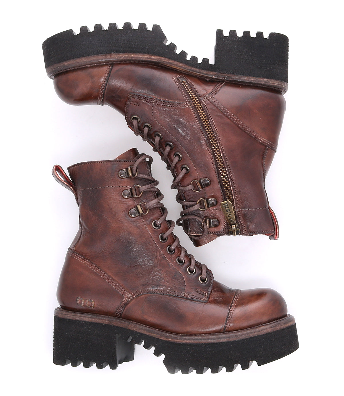 A pair of Bed Stu Prudence Hi leather combat boots with a platform outsole.