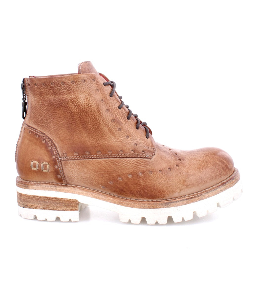 A men's Bed Stu Quatro III brown boot with white soles.