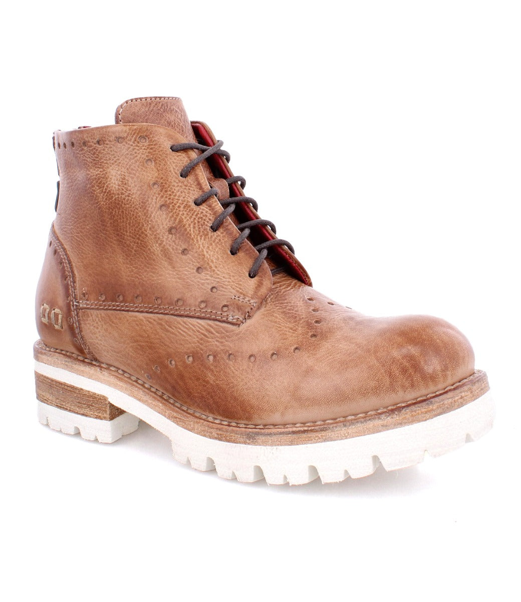 A Bed Stu men's brown boot with laces and a white sole named Quatro III.