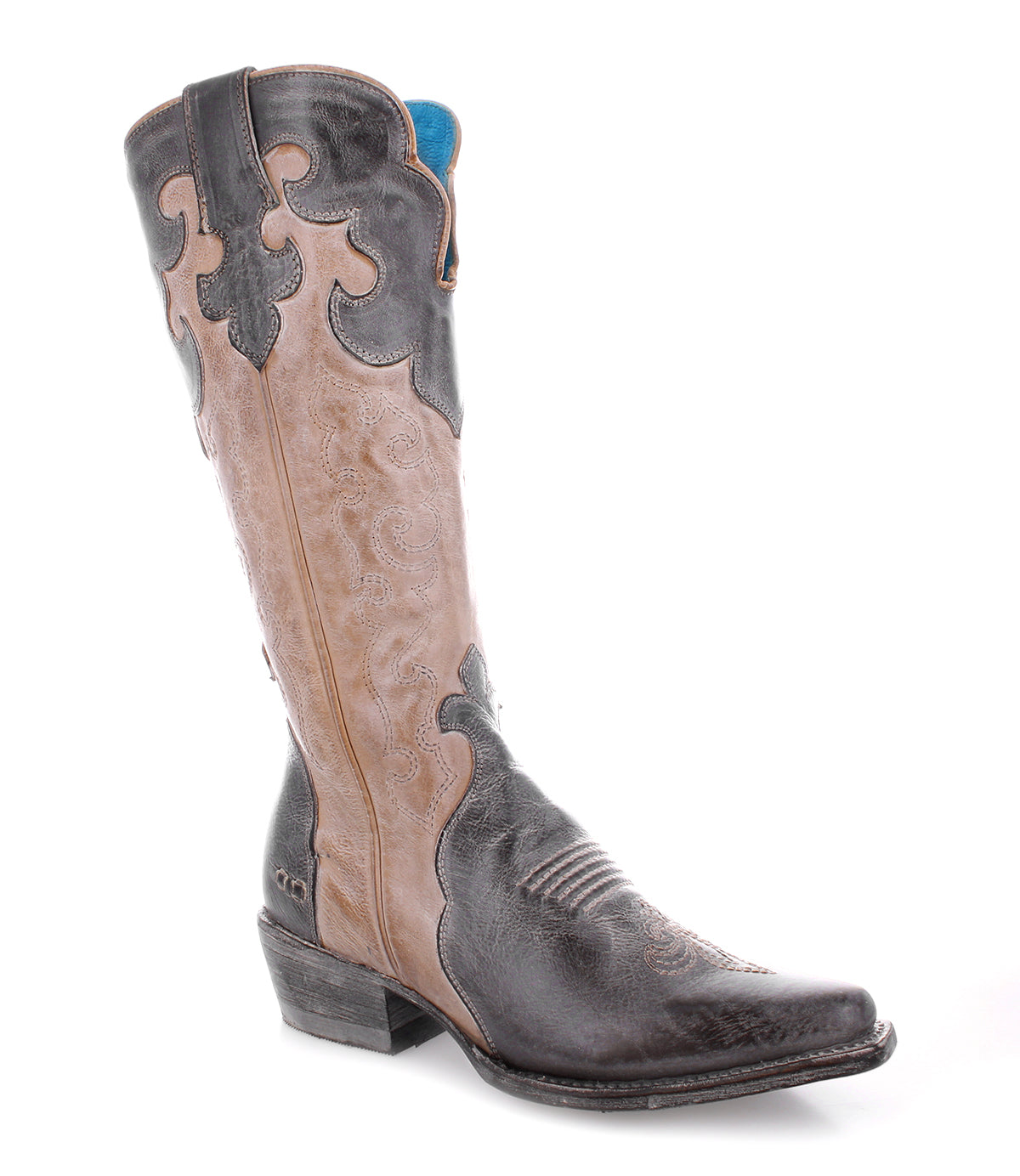 A Queen western-style women's tall boot in brown and tan on a white background by Bed Stu.
