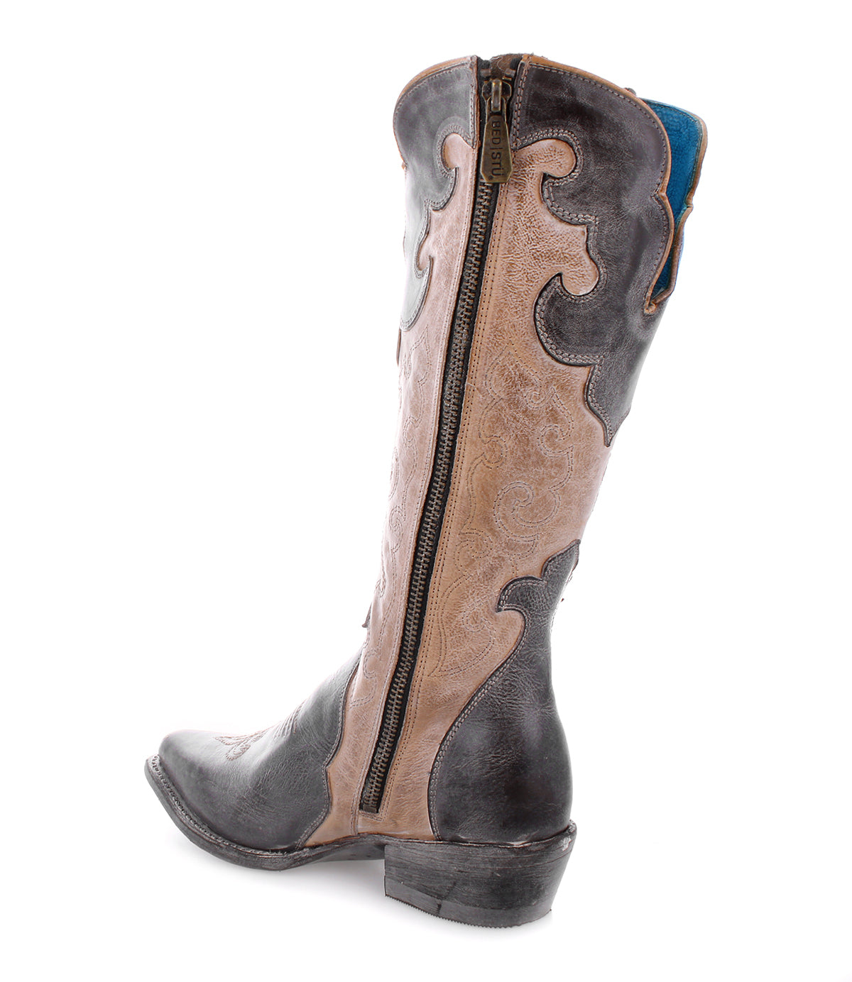 A tall women's cowboy boot with western-style tan and blue accents, called "Queen" made by Bed Stu.