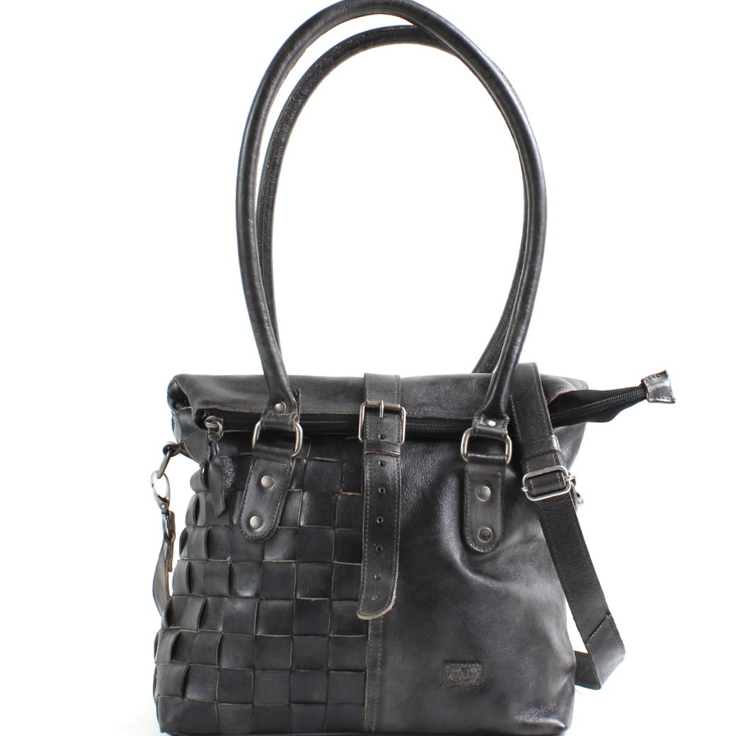 A black leather Rachel handbag with straps and buckles by Bed Stu.
