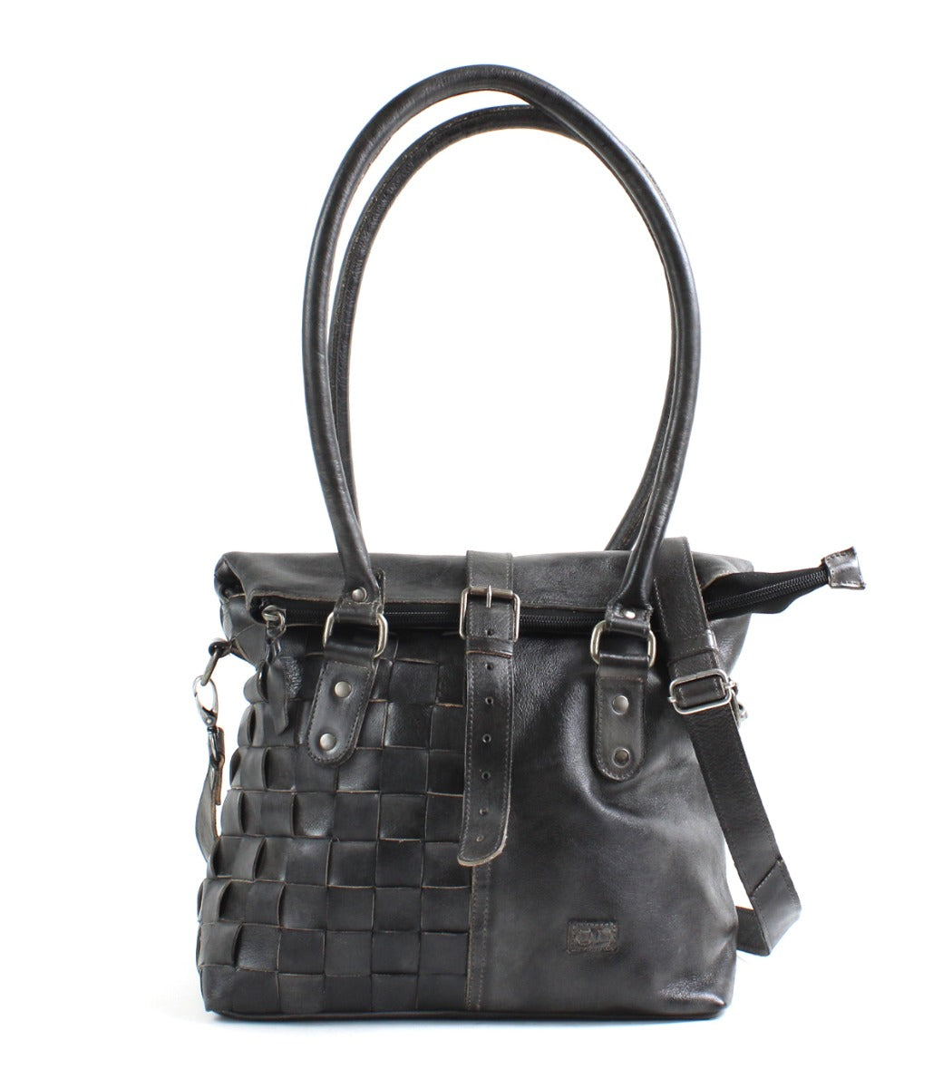 A black leather Rachel handbag with straps and buckles by Bed Stu.