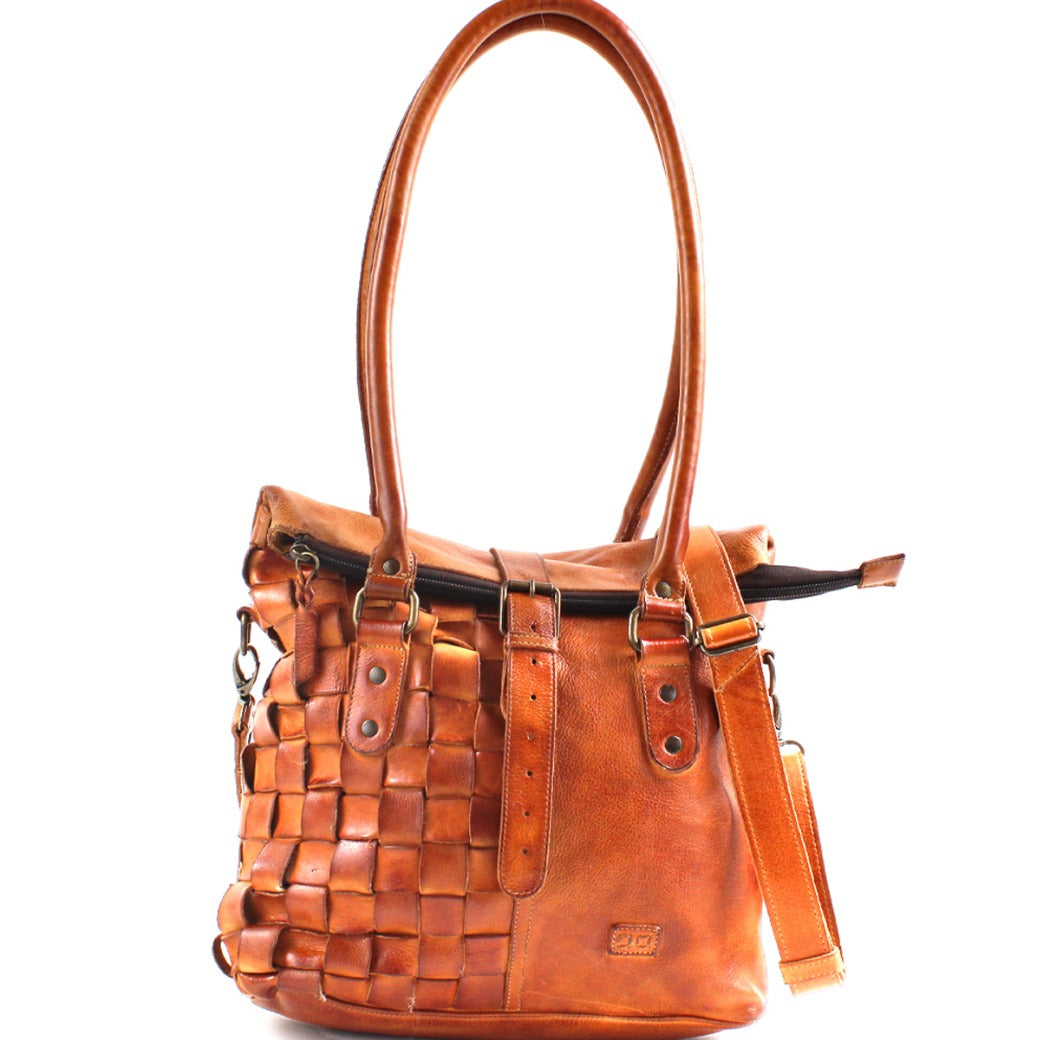 A brown leather Rachel handbag with braided straps by Bed Stu.