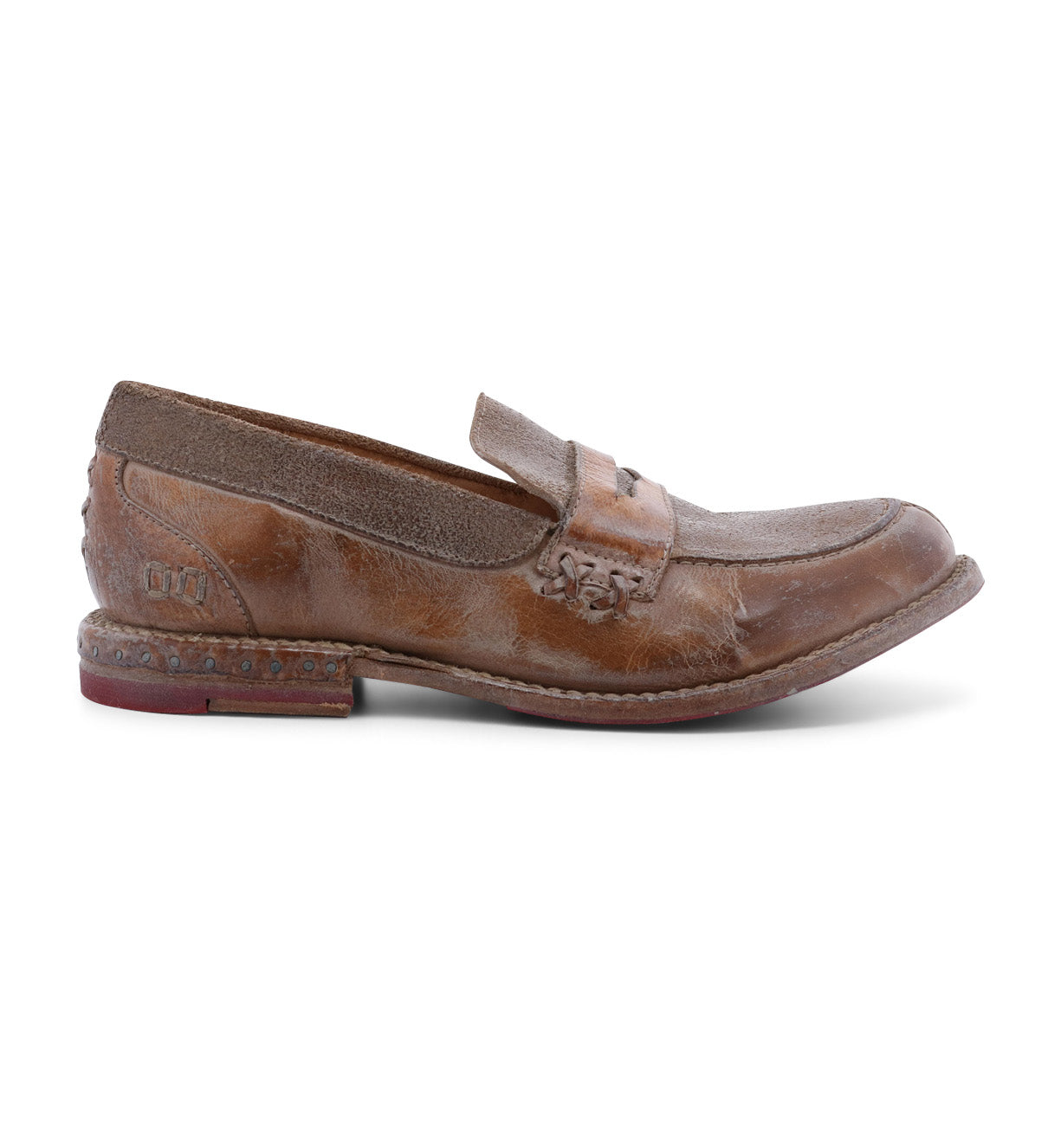 A women's brown loafer with a red sole, the Reina by Bed Stu.