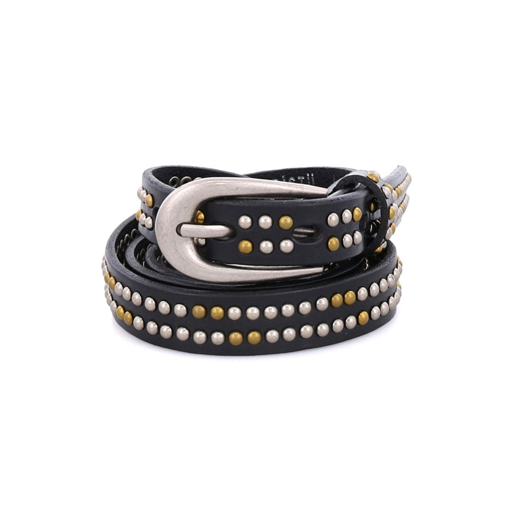 A black Rico belt with gold studding and a silver buckle from the Bed Stu brand.