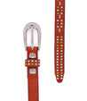 A pair of Rico orange leather belts with studs on them by Bed Stu.
