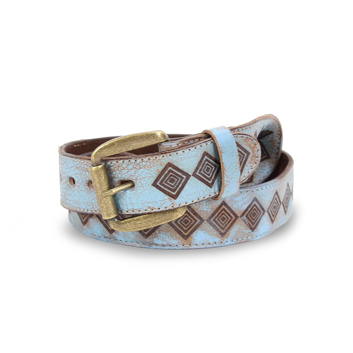 The Roam belt by Bed Stu, with its rolled-up blue leather and square diamond pattern complemented by a brass buckle, exudes an Aztec vibe.