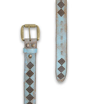 The Roam belt by Bed Stu is a sophisticated light blue leather accessory featuring a brass buckle and diamond-shaped patterns along its length, adding an Aztec vibe to your ensemble.