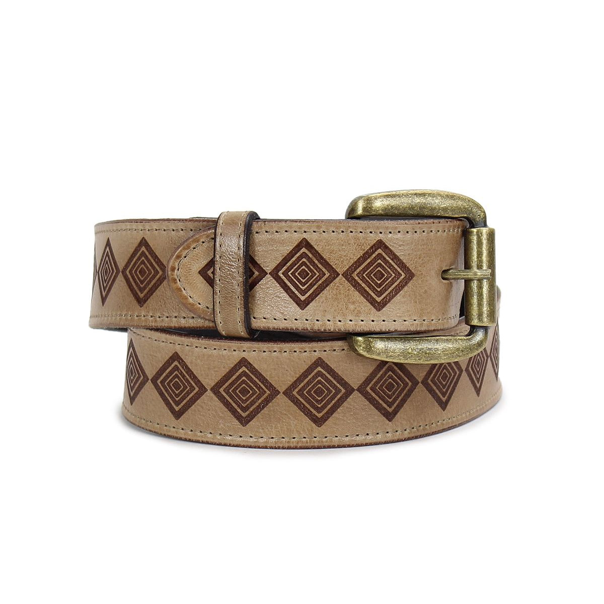 Introducing the Roam by Bed Stu—a sophisticated tan leather belt with a brass buckle, featuring an intricate design of dark brown diamonds along its length.