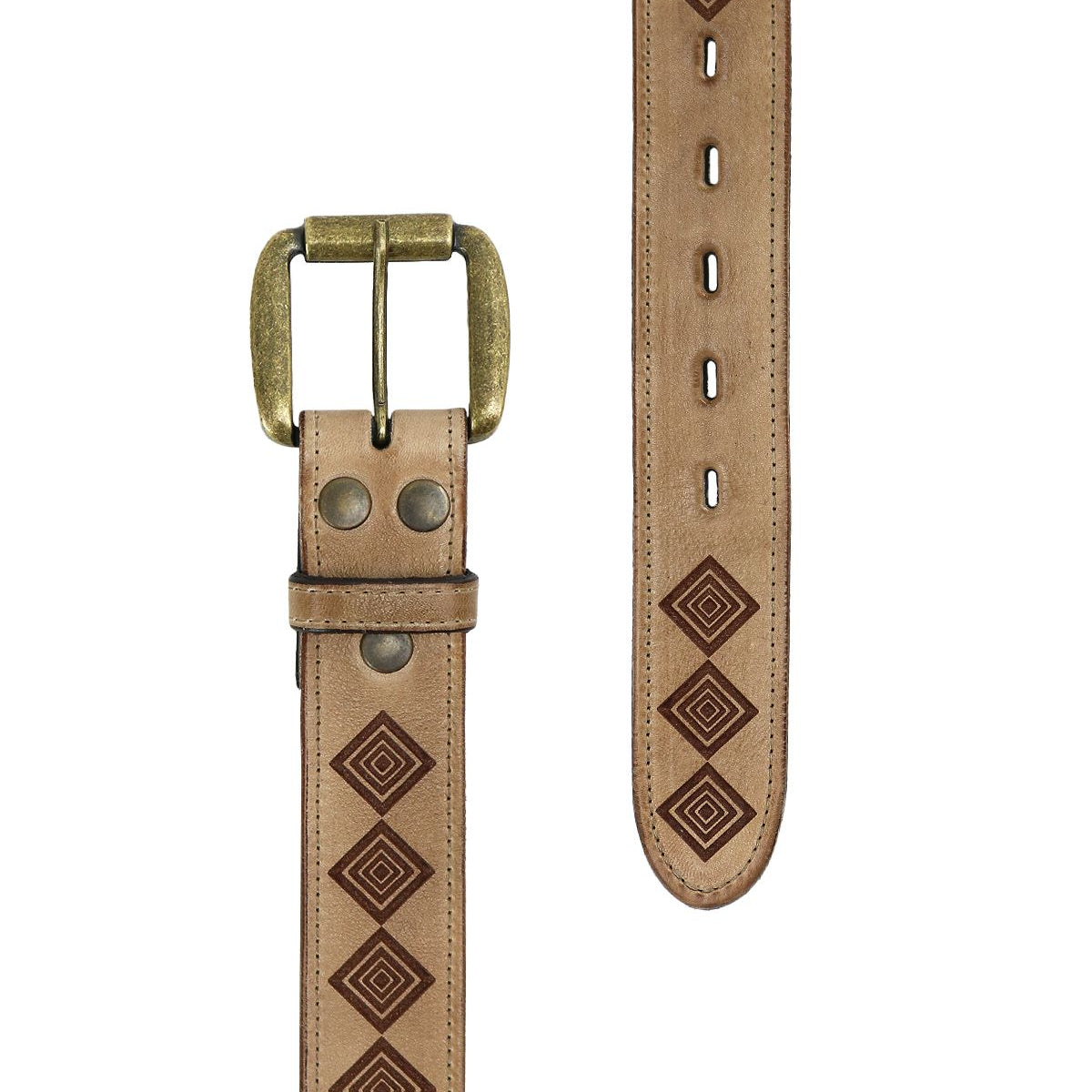 The Roam belt by Bed Stu is a tan leather accessory with a brass buckle, featuring an elegant design of brown diamond shapes repeated along its length, giving it an Aztec vibe.